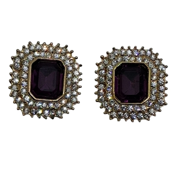 Vintage 1950s/60s Purple Rhinestone Glamour Clip-On Earrings - Picture 3 of 5